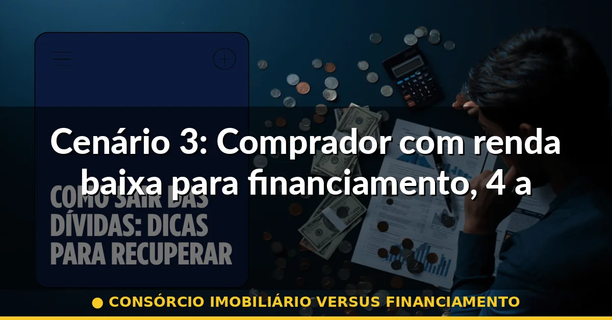 Cenário 3: Comprador com renda baixa para financiamento, 4 anos de prazo — consórcio imobiliário versus financiamento